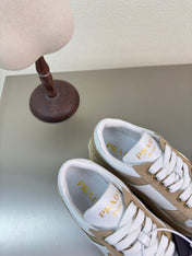 PRADA 26S DOWNTOWN THICK SOLE SNEAKERS IN WHITE CALFSKIN AND BROWN SUEDE