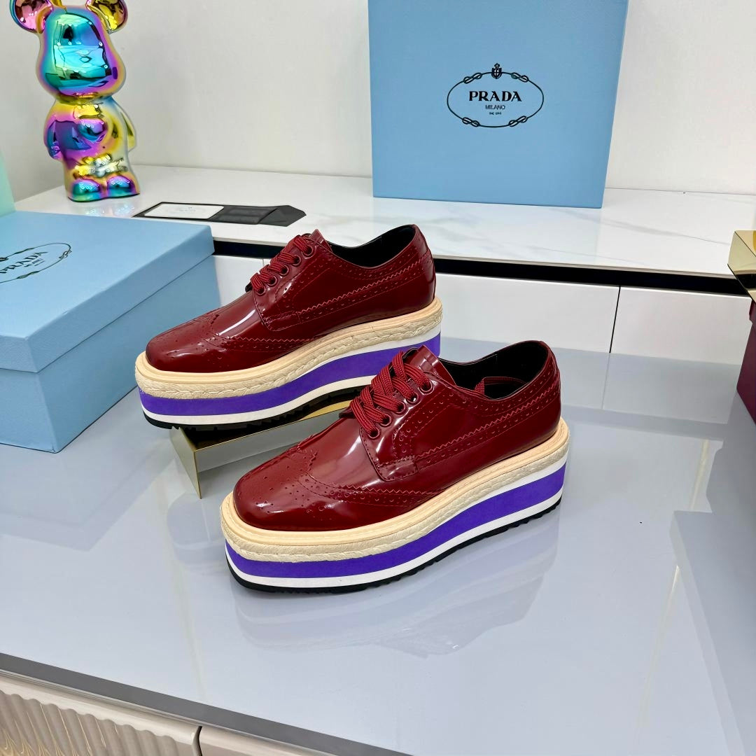 PRADA 25S FLAT WEDGE SHOES 60MM IN WINE RED CALFSKIN