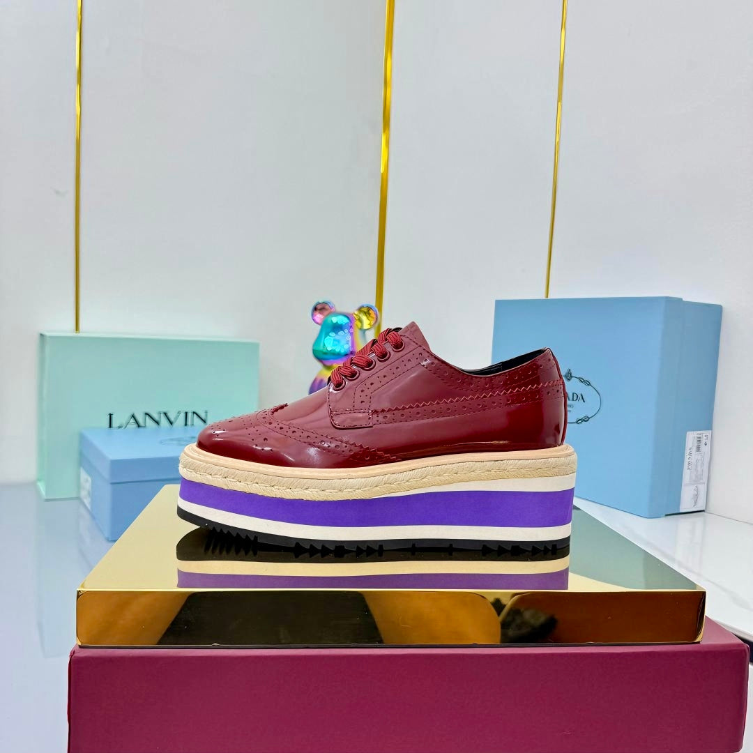 PRADA 25S FLAT WEDGE SHOES 60MM IN WINE RED CALFSKIN