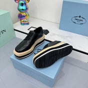 PRADA 25S FLAT WEDGE SHOES 60MM IN BLACK GLOSSY CALFSKIN