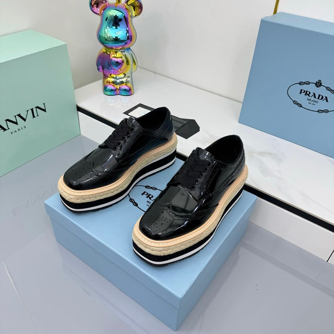 PRADA 25S FLAT WEDGE SHOES 60MM IN BLACK GLOSSY CALFSKIN