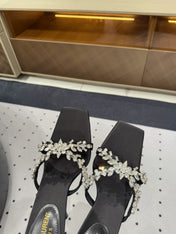 HIGH RHINESTONE CROSS STRAP MULES IN BLACK SILK