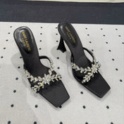 HIGH RHINESTONE CROSS STRAP MULES IN BLACK SILK