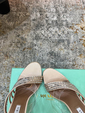 AQUAZZURA 26S CRYSTAL MULES 90 MM IN BEIGE SATIN