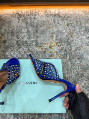AQUAZZURA 26S HIGH-HEEL SANDALS 105 MM IN NAVY BLUE PATENT CALFSKIN AND MESH