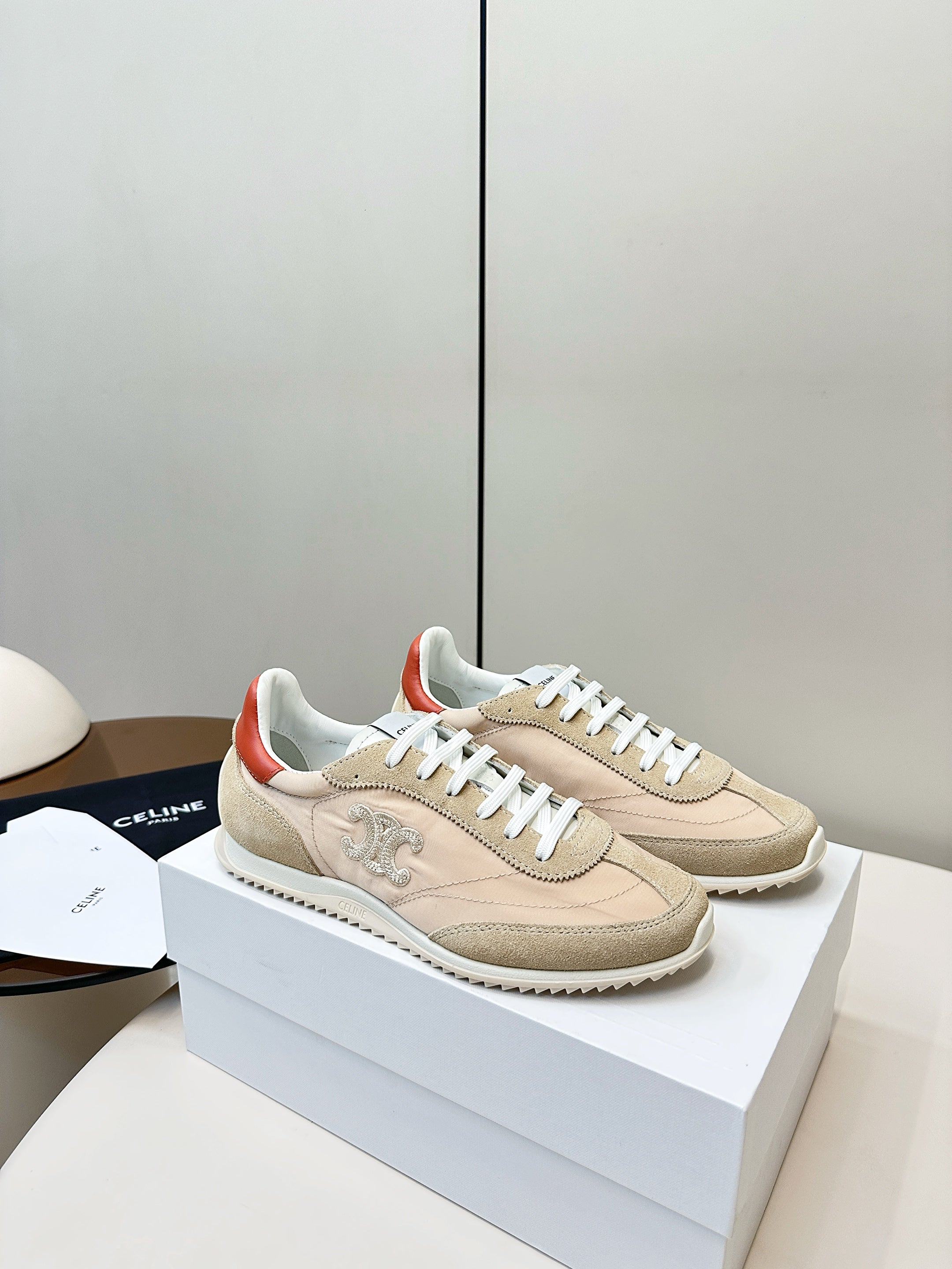 CELINE 25S RACER LOW TOP SNEAKER IN BEIGE AND LIGHT GRAY NYLON AND SUEDE
