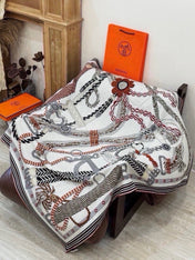 HERMES 26S PATTERNED SCARF 135 IN SILK AND CASHMERE 502436