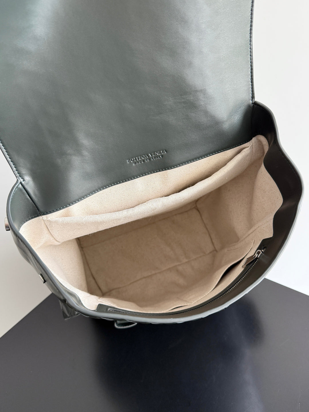 BOTTEGA VENETA 25S BACK TO SCHOOL BACKPACK 39 IN MUTED TEAL GRAY CALFSKIN