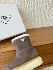 PRADA 25S ANKLE BOOTS 40 MM IN MUTED BROWN GRAY SUEDE SHEARLING-LINED