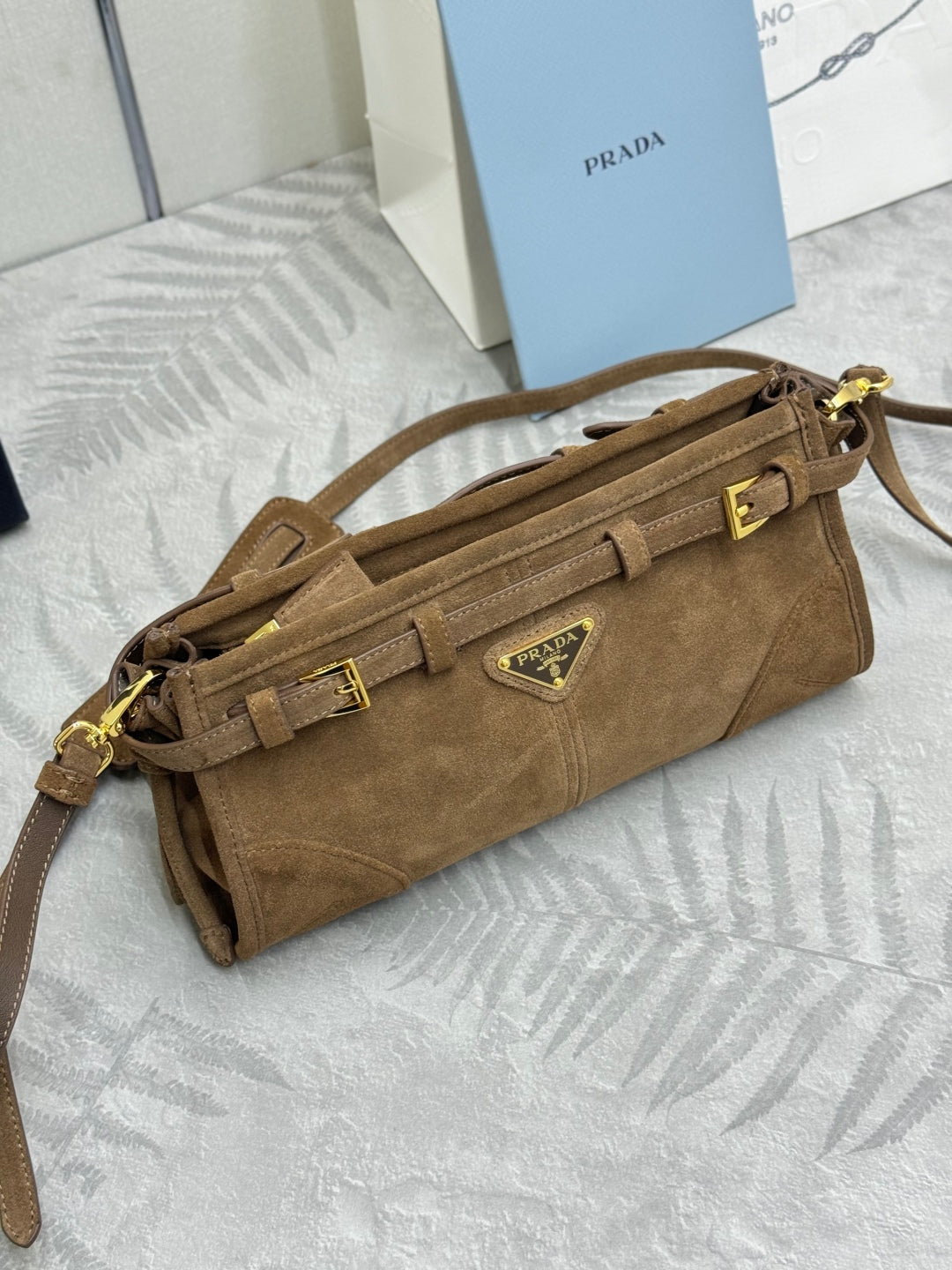 PRADA 25S BONNIE SMALL SHOULDER BAG 26 IN BROWN SUEDE GOLD HARDWARE