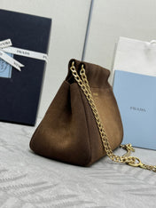 PRADA 25S ENCHAINE MINI BAG 22 IN CARAMEL BROWN SUEDE GOLD HARDWARE