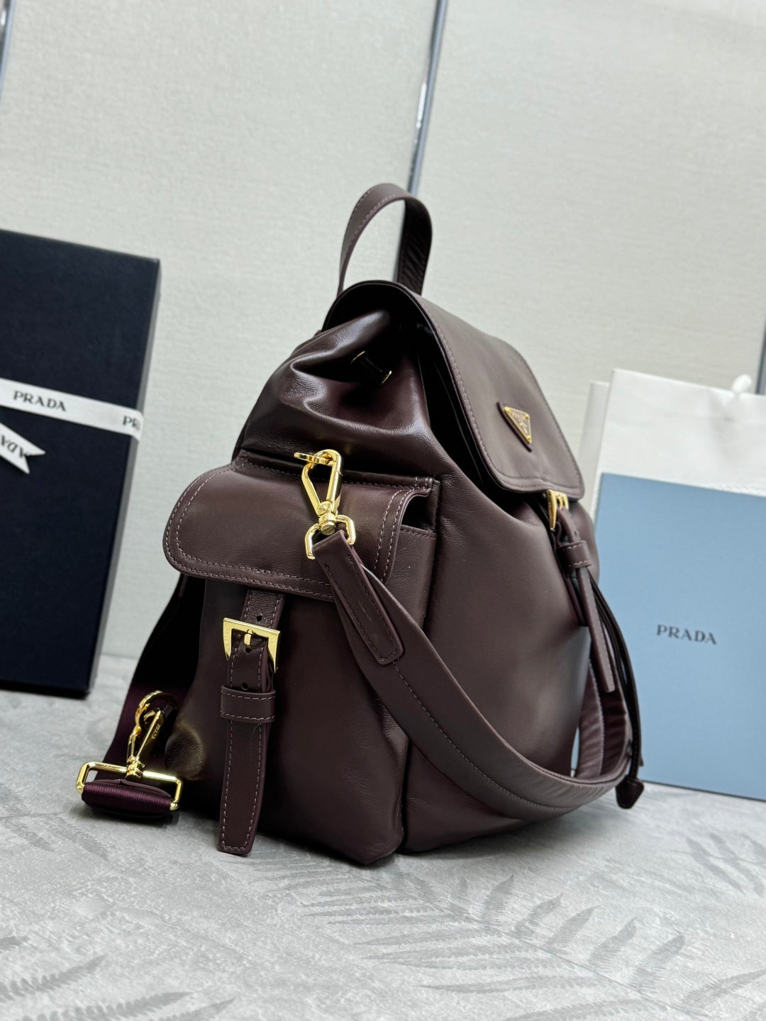 PRADA 25S EXPLORE MEDIUM BACKPACK 29 IN SIENNA CALFSKIN GOLD HARDWARE