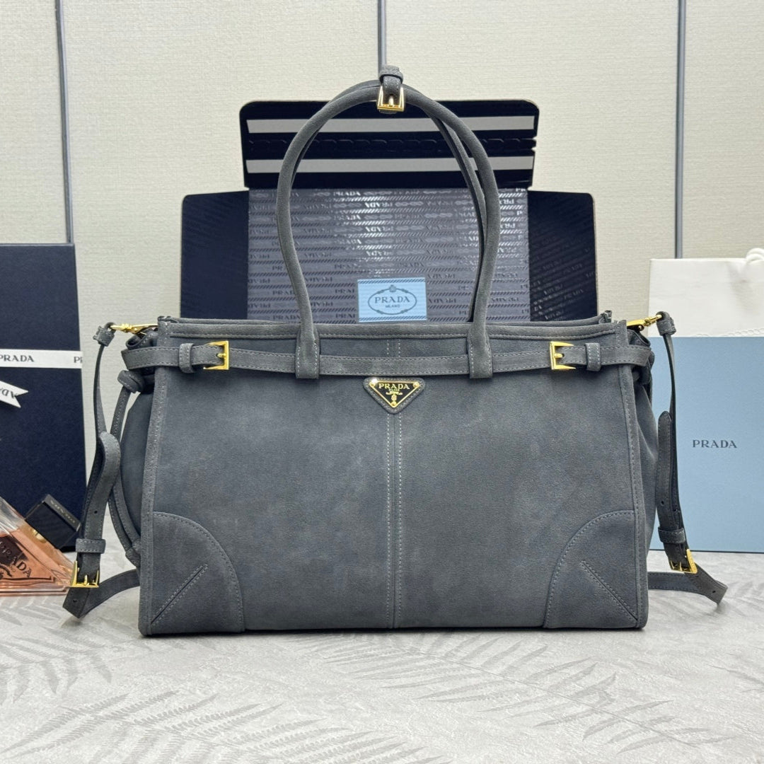 PRADA 25S BONNIE LARGE HANDBAG 38 IN DARK GRAY SUEDE GOLD HARDWARE