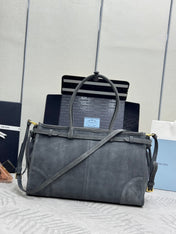 PRADA 25S BONNIE LARGE HANDBAG 38 IN DARK GRAY SUEDE GOLD HARDWARE