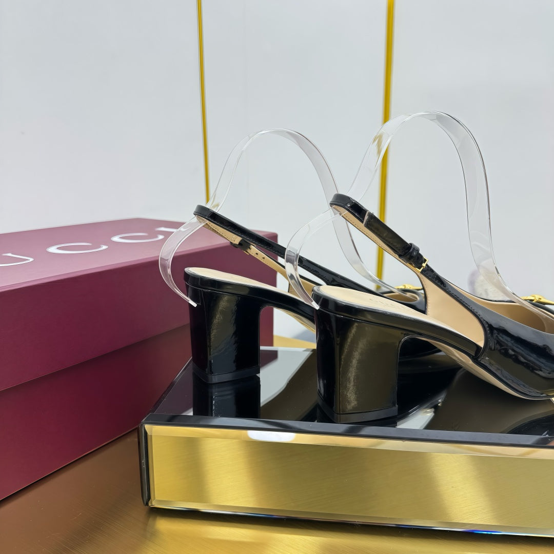 GG HIGH HEELS 65 IN BLACK GLOSSY LEATHER WITH GOLD HARDWARE