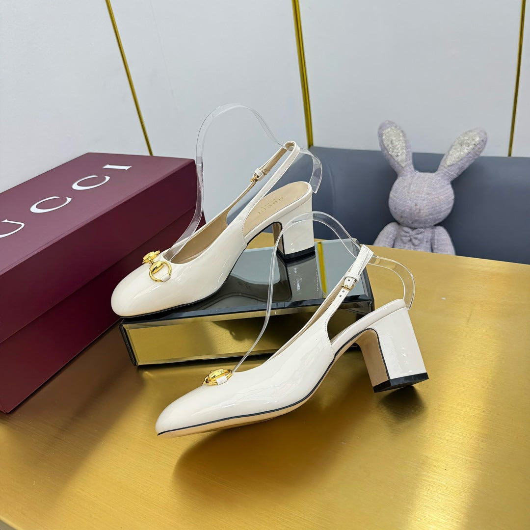 GG HIGH HEELS 65 IN CREAM WHITE GLOSSY LEATHER WITH GOLD HARDWARE