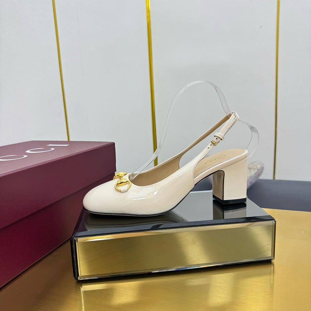 GG HIGH HEELS 65 IN CREAM WHITE GLOSSY LEATHER WITH GOLD HARDWARE