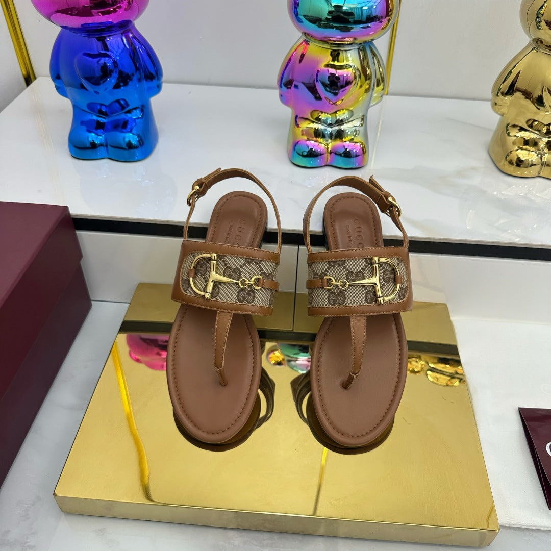 GG FLAT THONG SANDALS WITH ANKLE STRAP IN BROWN LAMBSKIN AND BEIGE FABRIC