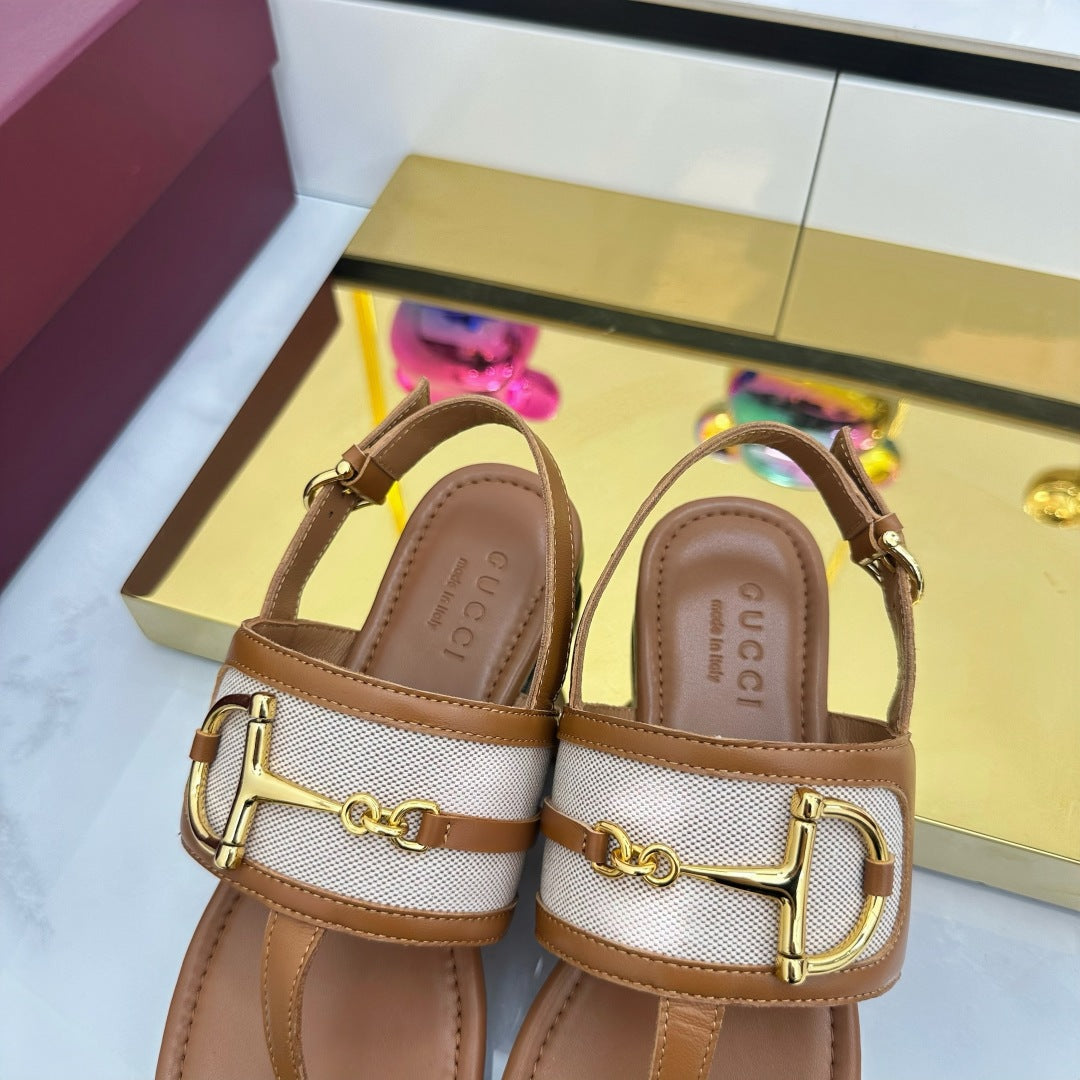 GG FLAT THONG SANDALS WITH ANKLE STRAP IN BROWN LAMBSKIN AND WHITE FABRIC