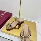 GG THONG SANDALS 25S IN DARK BEIGE LAMBSKIN MIX CANVAS WITH GOLD HARDWARE