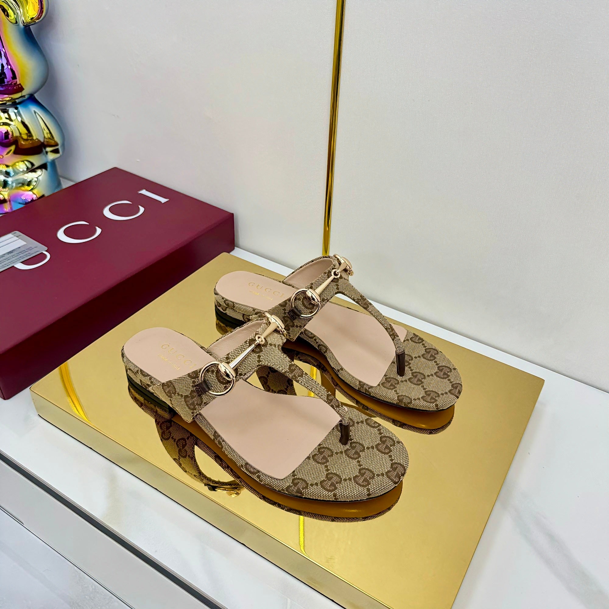 THONG SANDALS IN DARK BEIGE FABRIC PRINTED LOGO WITH GOLD HARDWARE