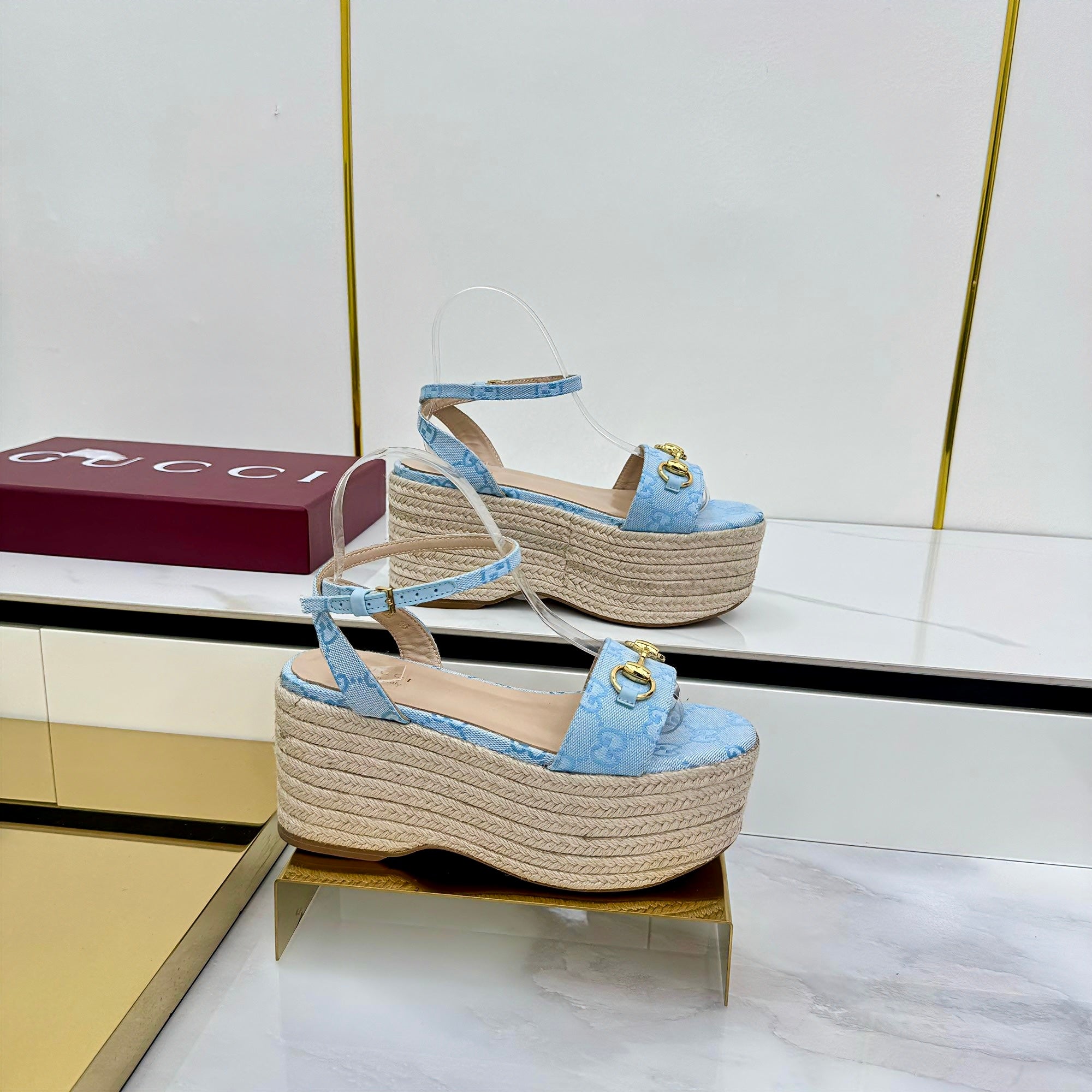 GG HIGH WEDGE SANDALS IN BLUE FABRIC AND RAFFIA WITH GOLD HARDWARE