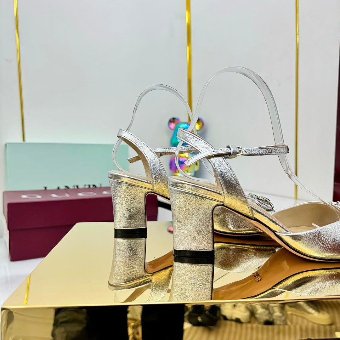 GG HEELED SANDALS 25S 65 MM IN SILVER LAMBSKIN WITH SILVER HARDWARE