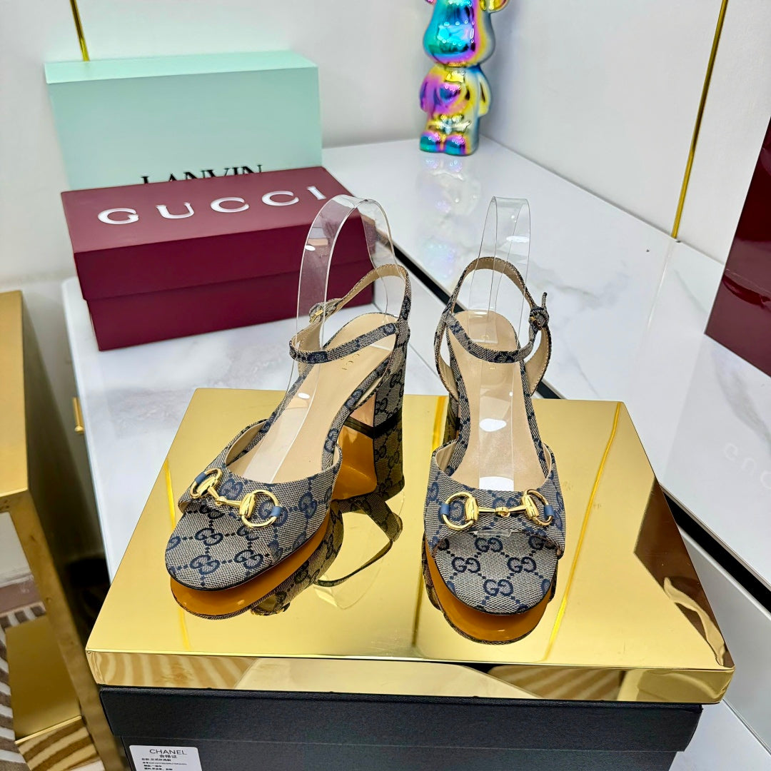 GG HEELED SANDALS 25S 65 MM IN GREY CANVAS WITH GOLD HARDWARE