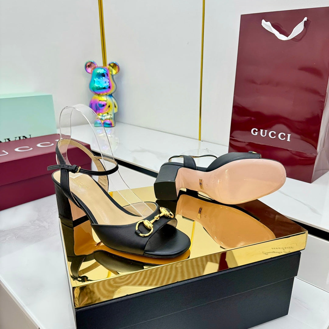 GG HEELED SANDALS 25S 65 MM IN BLACK LAMBSKIN WITH GOLD HARDWARE