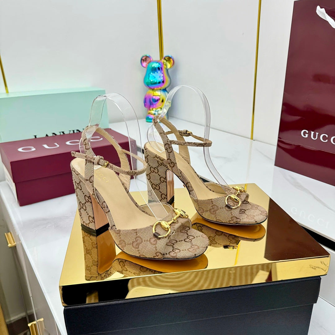 GG HEELED SANDALS 25S 95 MM IN DARK BEIGE CANVAS WITH GOLD HARDWARE