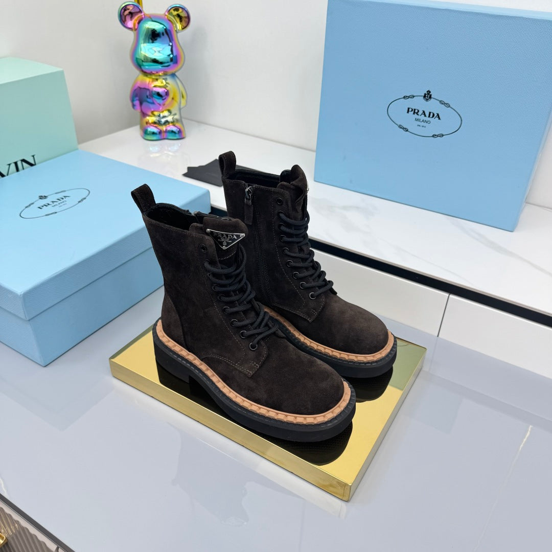 PRADA 25S LONG THICK SOLED MARTIN BOOTS 50MM IN DARK BROWN SUEDE