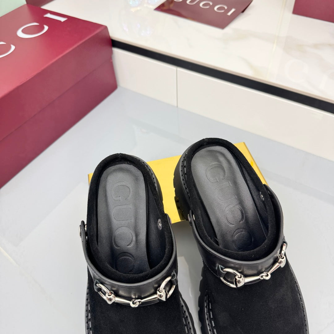 GG PLATFORM MULES 25S IN BLACK SUEDE
