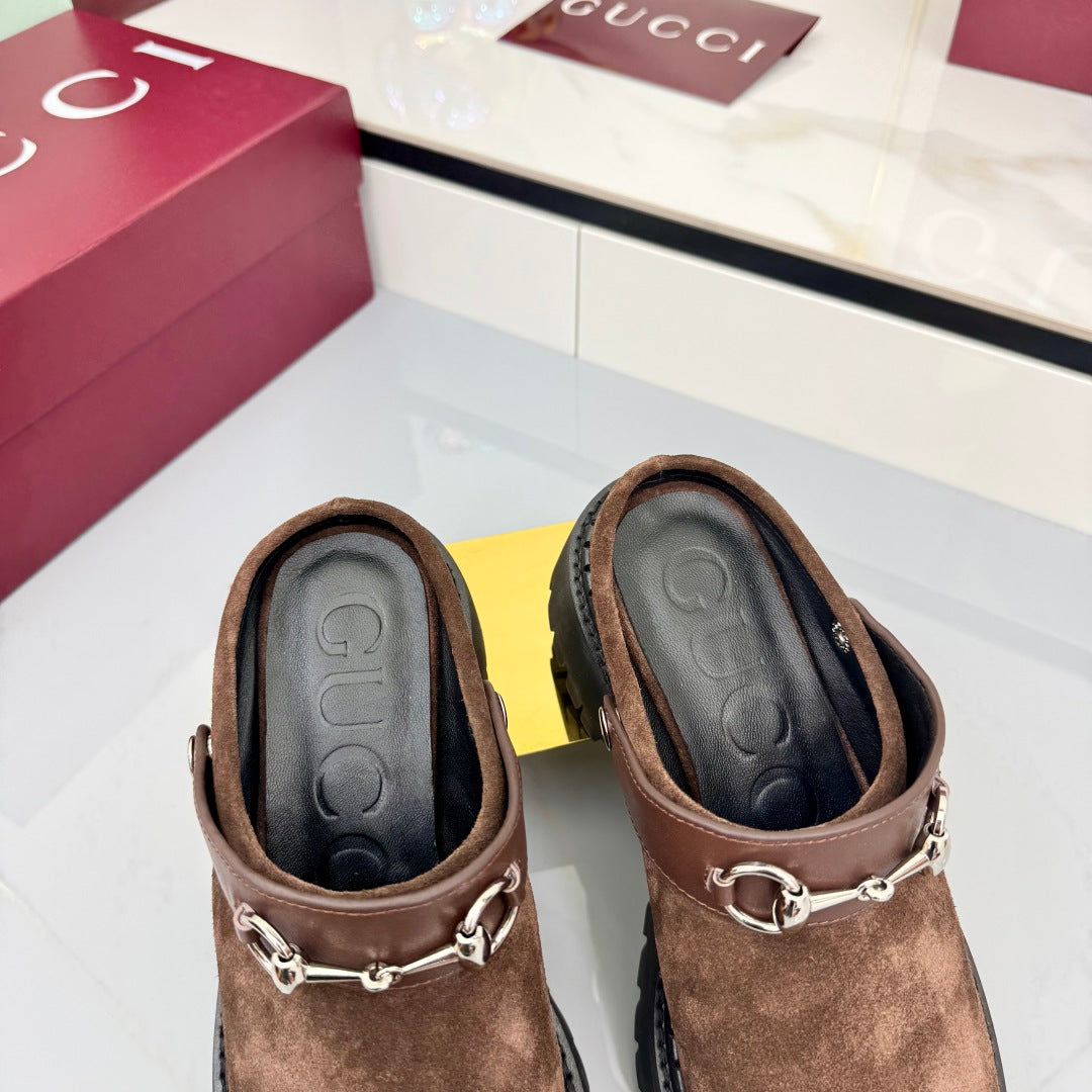GG PLATFORM MULES 25S IN BROWN SUEDE