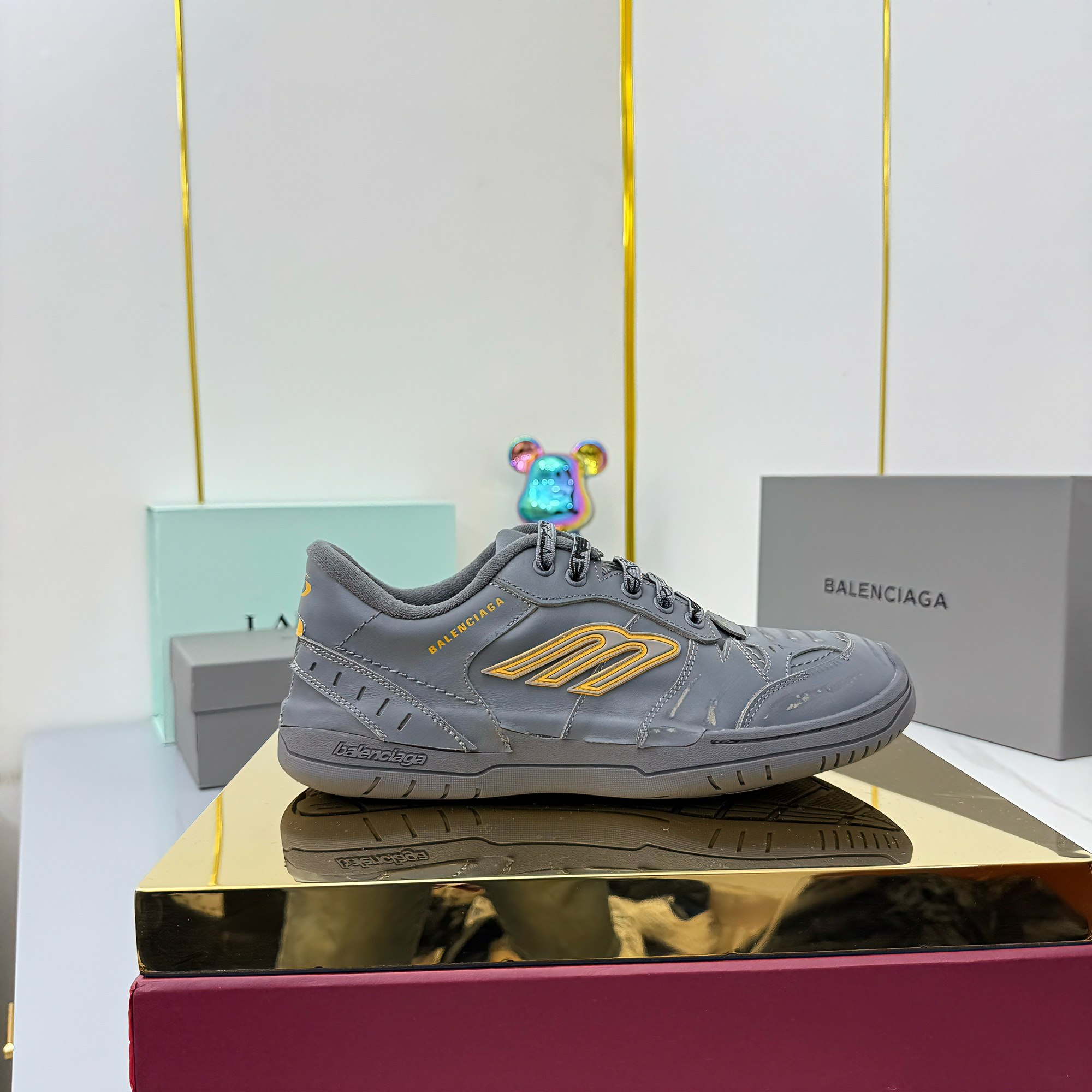 BALENCIAGA 25S SNEAKERS IN DARK GREY MIX YELLOW LEATHER