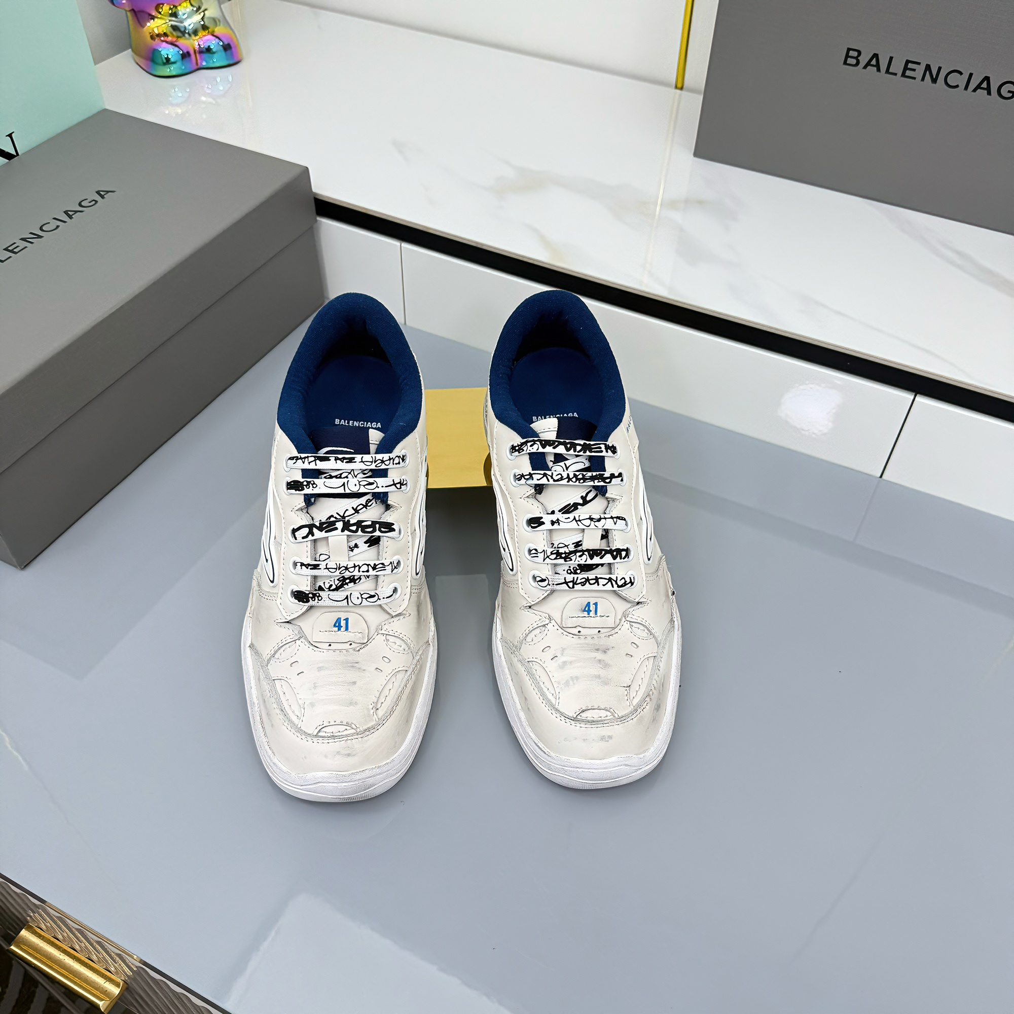 BALENCIAGA 25S SNEAKERS IN WHITE MIX DARK BLUE LEATHER