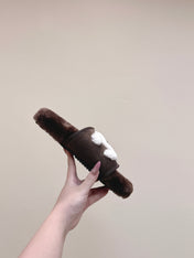 CHANEL 25S FUR SLIPPERS DOUBLE-LAYERED IN DARK BROWN WITH WHITE CC LOGO