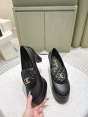 CHANEL 25S HIGH-HEELED MOCCASINS 80MM IN BLACK CALFSKIN GOLD HARDWARE