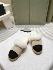 CHANEL 25S FUR-LINED MULES IN BEIGE AND BLACK SUEDE