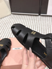 MIUMIU 26S RUCHES FISHERMAN SANDALS IN BLACK CALFSKIN GOLD HARDWARE