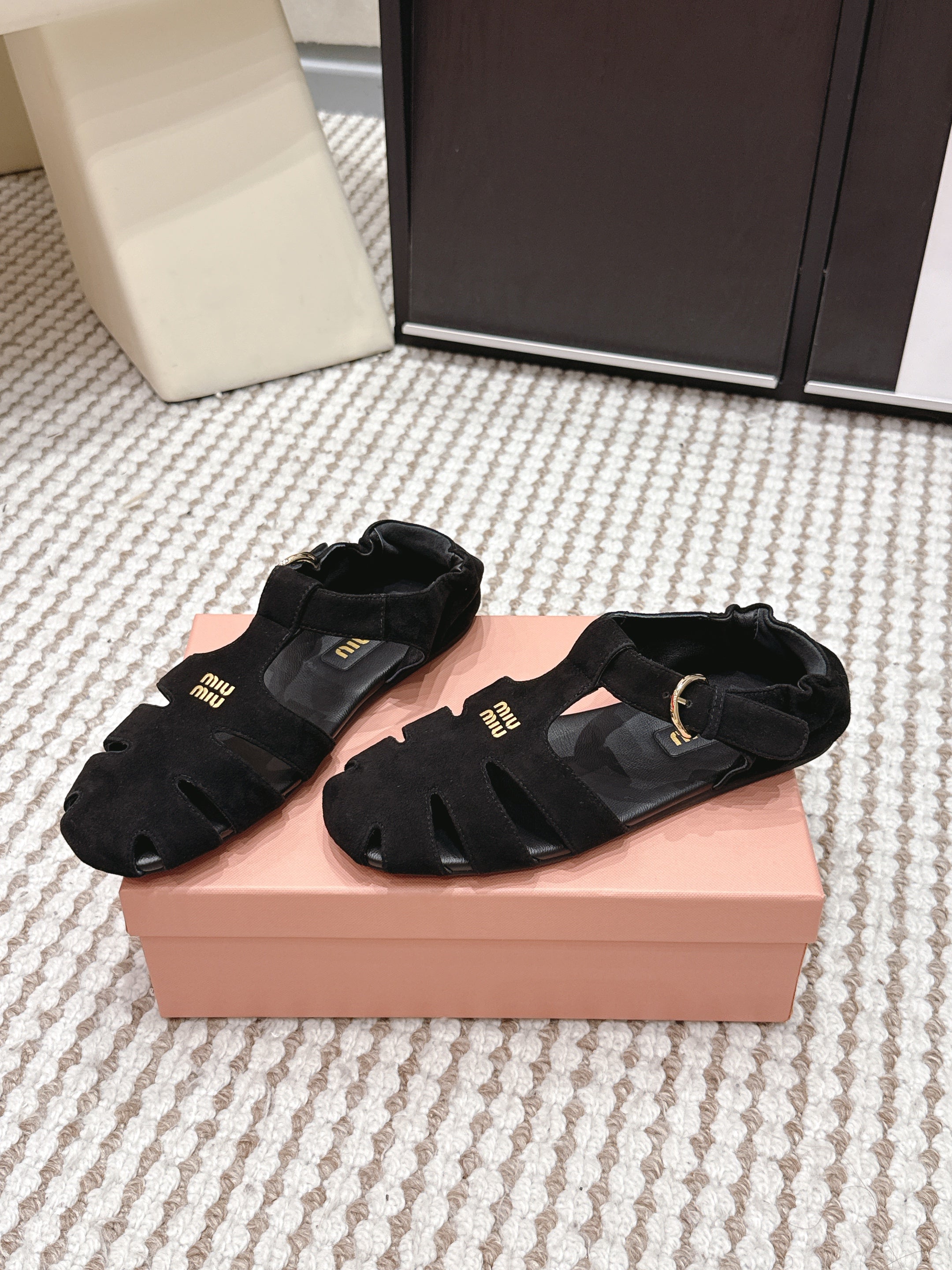 MIUMIU 26S RUCHES FISHERMAN SANDALS IN BLACK SUEDE GOLD HARDWARE
