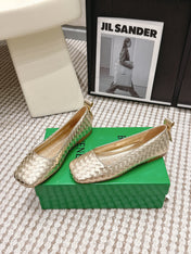 BOTTEGA VENETA 26S SQUARE-TOE FLATS IN LIGHT METALLIC GOLD TECHNICAL WOVEN LAMBSKIN