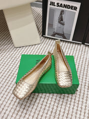 BOTTEGA VENETA 26S SQUARE-TOE FLATS IN LIGHT METALLIC GOLD TECHNICAL WOVEN LAMBSKIN