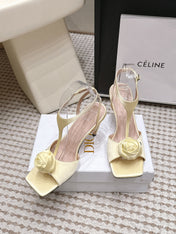 DIOR 26S ROSE HEELED SANDALS 90MM IN LIGHT YELLOW SATIN