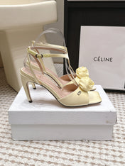 DIOR 26S ROSE HEELED SANDALS 90MM IN LIGHT YELLOW SATIN