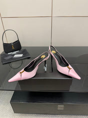 YSL 25S SLINGBACK HIGH HEELS 90 MM IN PINK SATIN WITH GOLD HARDWARE STYLE 17