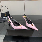 YSL 25S SLINGBACK HIGH HEELS 90 MM IN PINK SATIN WITH GOLD HARDWARE STYLE 17
