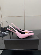 YSL 25S SLINGBACK HIGH HEELS 90 MM IN PINK SATIN WITH GOLD HARDWARE STYLE 17