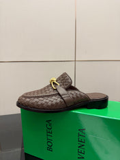 BOTTEGA VENETA 26S BACKLESS LOAFERS IN BROWN TECHNICAL WOVEN CALFSKIN