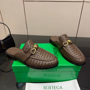 BOTTEGA VENETA 26S BACKLESS LOAFERS IN BROWN TECHNICAL WOVEN CALFSKIN