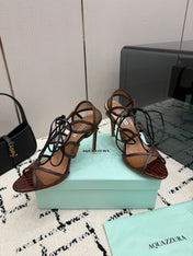 AQUAZZURA 26S SANDALS 100 MM IN CHOCOLATE BROWN CROC-EMBOSSED LEATHER & MESH